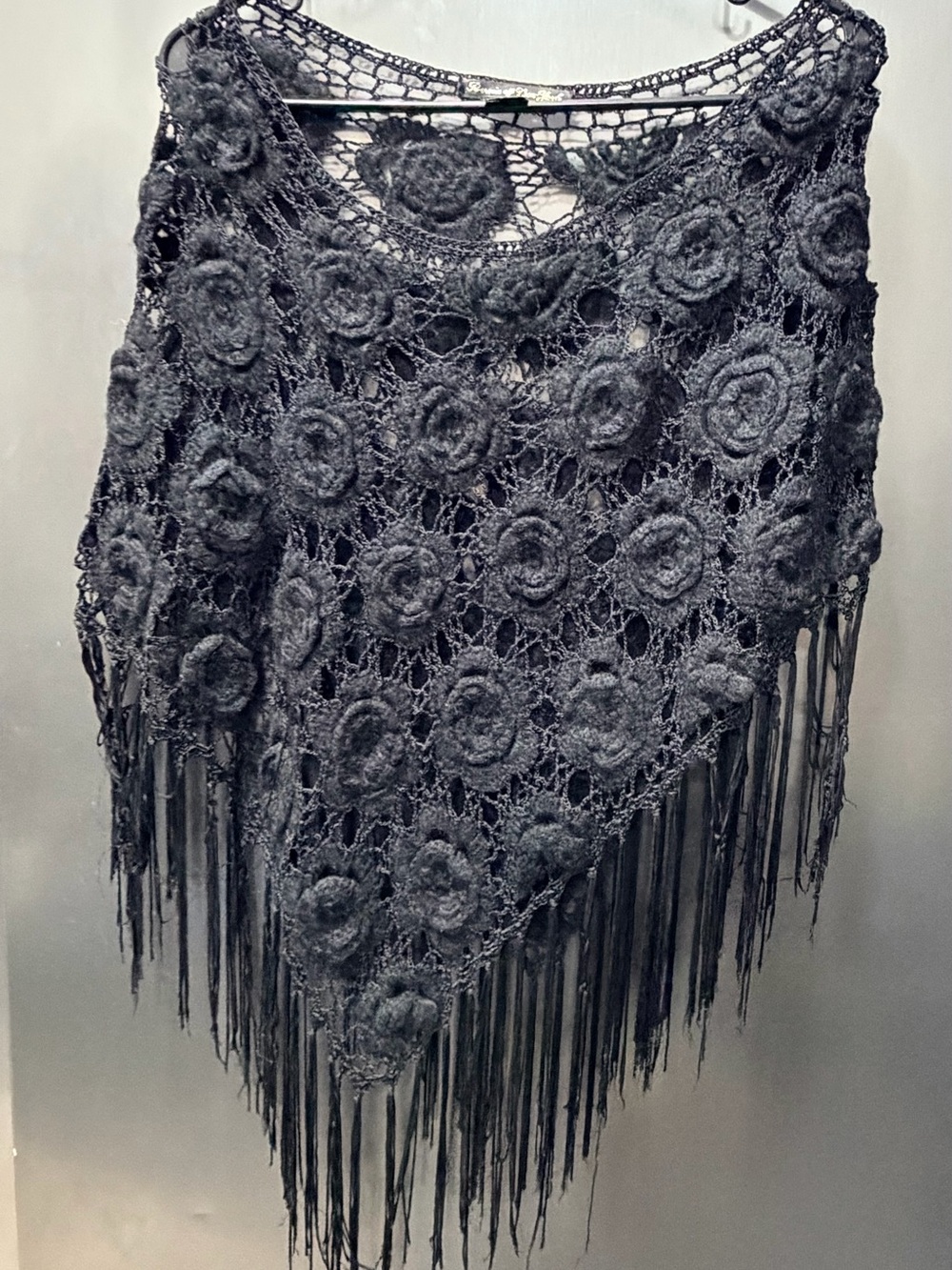 Vintage style black crochet rose motif poncho with fringe - fits like women’s sm
